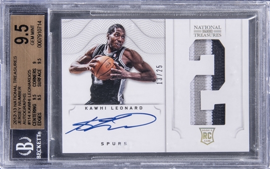 2012-13 Panini National Treasures Jersey Number Autographs #114 Kawhi Leonard Signed Patch Rookie Card (#13/25) - BGS GEM MINT 9.5/BGS 10